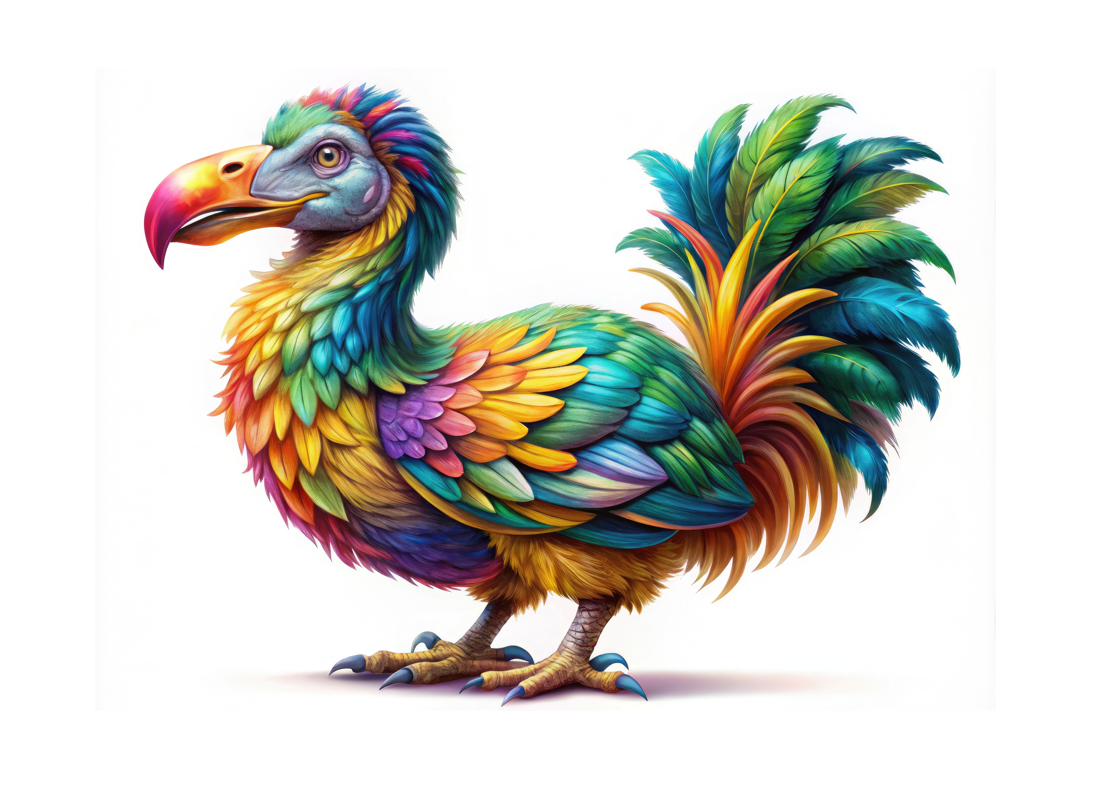 Colorful Dodo bird with vibrant feathers on a white background